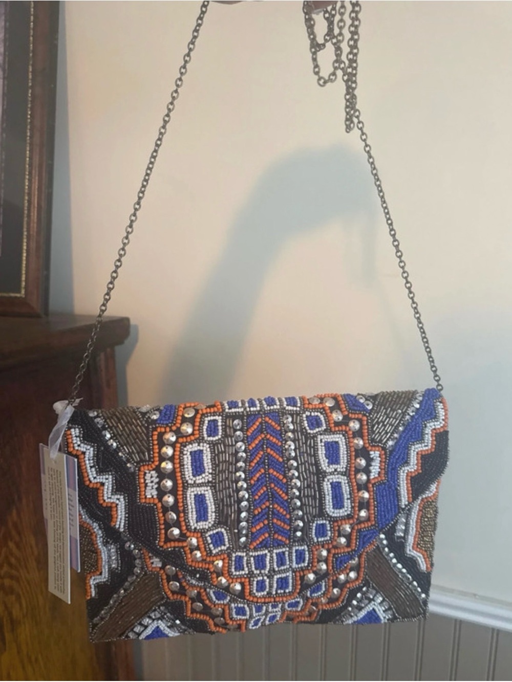 Embellished Beaded Envelope Crossbody Bag - Blue, Orange, Black